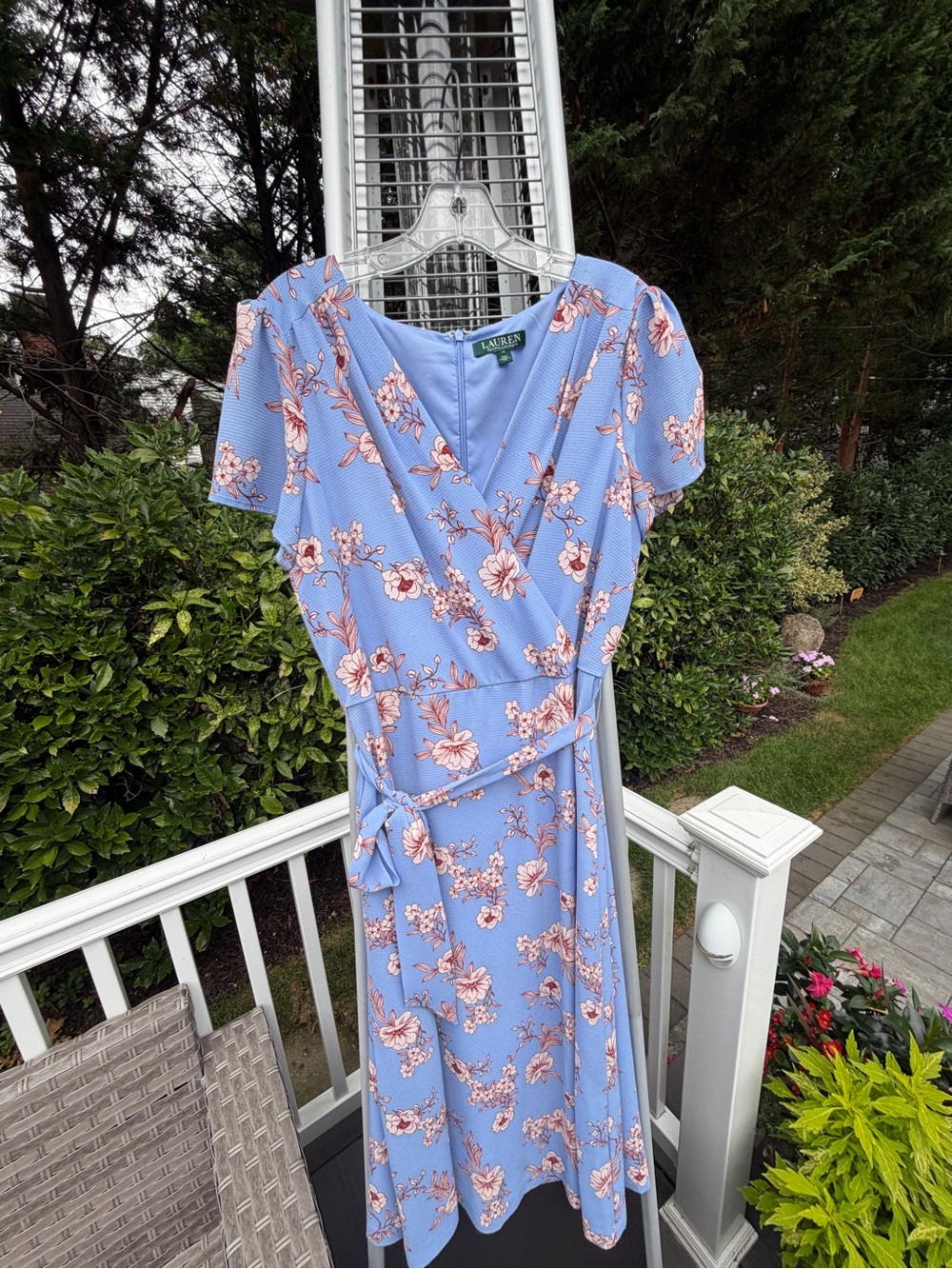 Lauren Ralph Lauren Pastel Blue Floral Wrap Dress with Pink Accents